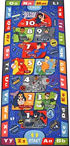 KC Cubs Justice League Boys & Girl Super Hero Hopscotch Number Counting ABC Alphabet Activity Educational Learning & Game Play Area Rug Carpet for Kids and Children Bedrooms, Classroom and Playroom