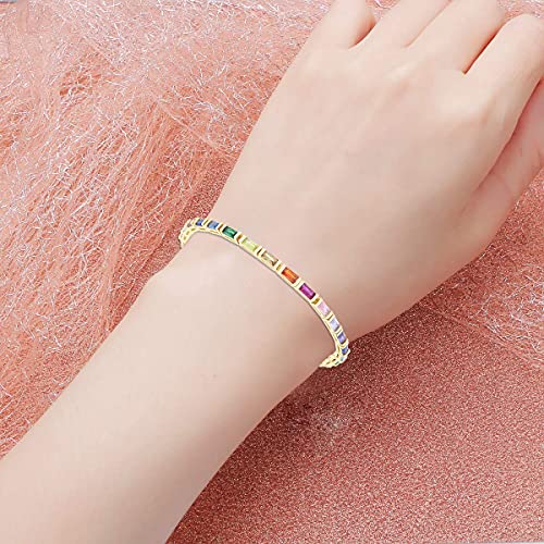 Affy 14K White Gold Plated 925 Sterling Silver Colourful Rainbow Baguette Sparkling Multi Color Gemstone Tennis Bracelet For Women (6.5, White-Gold-Plated-Silver) #TOP4