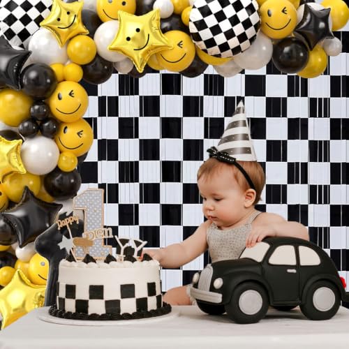 Image of Race Car Foil Curtains 3.28x6.56ft - Vibrant Checkered Decor for Race Car Birthday Party Decorations & One Happy Dude Birthday Celebrations! - 2 Packs