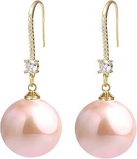 Big Pearls drop dangle Sterling Silver 18k Gold Plated Ear Hook Pearls Earrings for Women Ladies GirlS,Hypoallergenic red,White&Pink Pearls Dangle Drop Earrings with Cubic Zirconia large big Pearls Earrings.(Big Pearls diameter 13-14 mm)