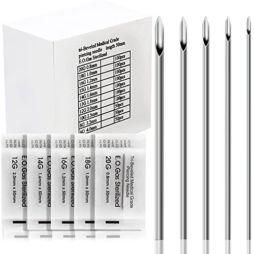 Lyuxzad Ear Nose Piercing Needles 50Pcs Mixed Piercing Needles 12G 14G 16G 18G 20G Hollow Cannula Catheter Needles for Ear Nose Belly & Lip - Professional Body Piercing Tools
