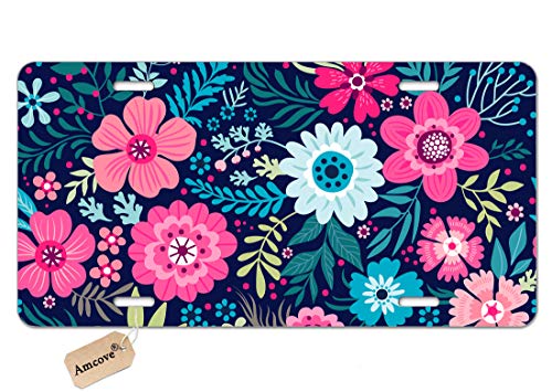 Amcove License Plate Bright All Over Flower Pattern Print - Bright Colored Boho Hippie Folk Floral Pattern - Auto License Plate 6" x 12" inch