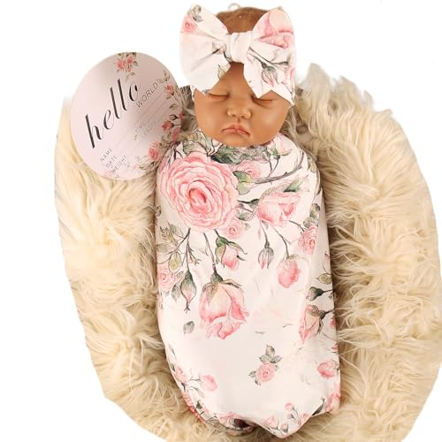 Galabloomer Receiving Blanket Headband Set Flower Print Baby Swaddle Receiving Blankets (white vintage flower)