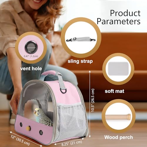 Image of Bird Carrier, Portable Small Bird Parrot Parakeet Carrier with Standing Perch and Stainless Steel Tray, Side Access Window Collapsible (Pink, Clear Windows)