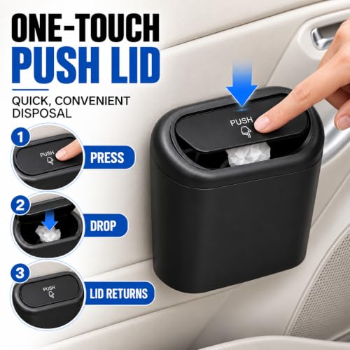 Image of Mini Car Trash Bin with Lid, Hanging Vehicle Dustbin with Back Clip and Push-Open Clamshell Design for Door Panel, Seat Back and Interior Storage