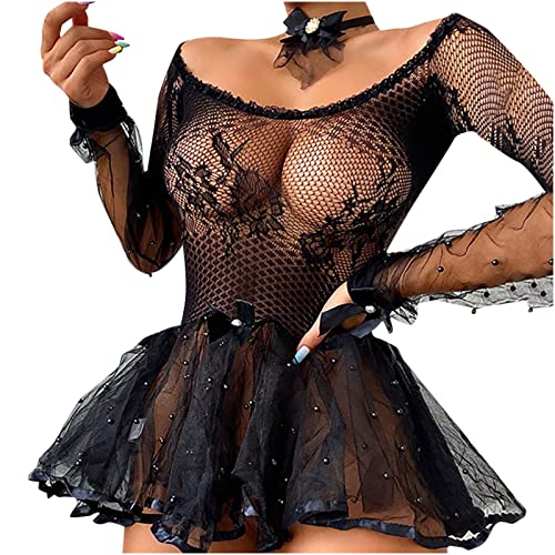 Women's Lace Sheer Mesh Lingerie Dress Long Sleeve Beaded Babydoll Hollow Bodysuit Fishnet Stocking Sexy Mini Dresses