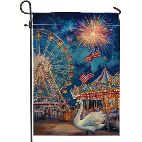 Carnival Garden Flag, Colorful Fireworks Ferris Wheel Summer Celebration Yard Banner, Double Sided Fabric Outdoor Decor, Festive Party Lawn Decoration 12x18 Inch