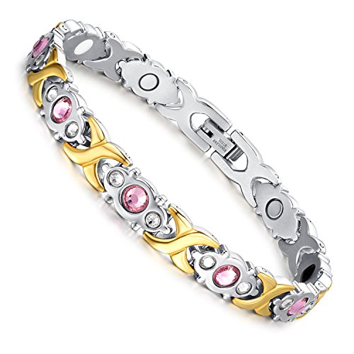Flongo Pulsera Dorada para Mujer Elegante, Brazalete de Acero Inoxidable, Pulsera Rosa romantica con imanes Terapia Regalos dia de la madre Cover