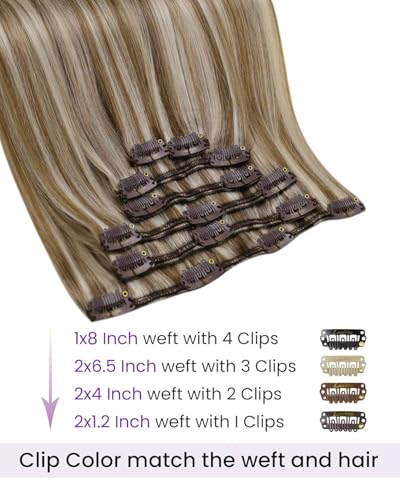 Image of LaaVoo Clip in Hair Extensions Real Human Hair Light Brown Highlights Blonde Real Human Hair Extensions Clip ins 24 Inch Hair Extension Clip ins Long Straight Full Head 140g 7pcs