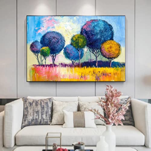Toile arbre coloré art abstrait nordique grand format pour valoriser un salon sans charme