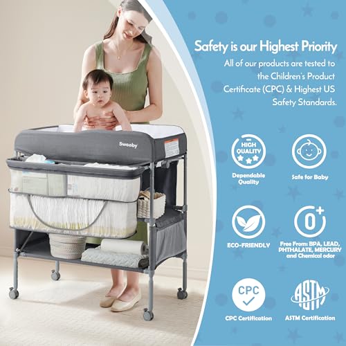 Image of Sweeby Portable Baby Changing Table, Foldable Diaper Changing Station with Waterproof Pad, Mobile Nursery Organizer for Infant & Newborn Essentials, Dark Grey