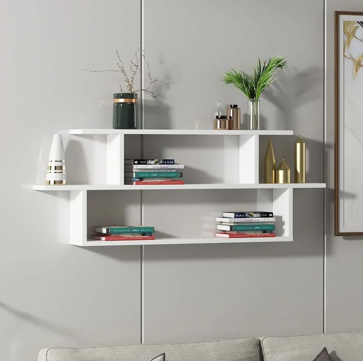 FURNEASER Midly Multipurpose Wall Display Shelf for Living Room Hanging Corner 2 Layer Rack Floating Bookshelf & Shelf Organizer Stand 16D x 80W x 40H Centimeters (White) FURNEASER Midly Multipurpose Wall Display Shelf for Living Room Hanging Corner 2 Layer Rack Floating Bookshelf & Shelf Organizer Stand 16D x 80W x 40H Centimeters (White)