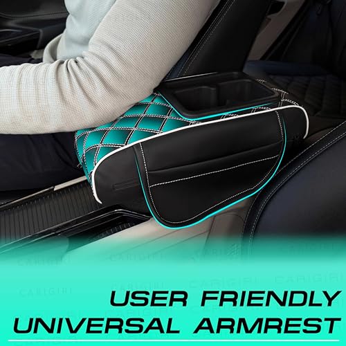 Image of Carigiri Nappa Leatherette,Foam ComfiRest Pro Car Armrest Cushion with Cup Holder| Arm Cushion| Universal for All Cars|Armrest with Mobile Holder (White,Utility Pockets,Dual Cup Holder,Mobile Holder)