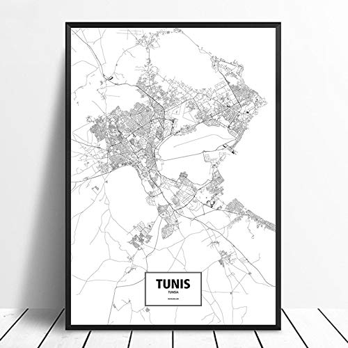 Tableau Déco Toile,Tunis Tunisie City Map Print Modern Minimaliste Black and White Frameless Mural Simple Abstract Letter Line Poster Office Home Living Room Decoration,20 * 30Cm