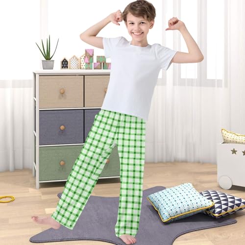 Boy's Pj Pants Watercolor Green Checkered Lounge Bottoms Elastic Waist Kids Joggers with Pockets Size 6-144