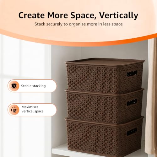 Image of Amazon Basics Set of 3 Plastic Storage Baskets with Lid - Stackable Organiser for Wardrobe, Kitchen, Clothes, Toys, Books, Office, Stationery - Multipurpose (Medium, 36x30x13 cm | Brown, Rectangular