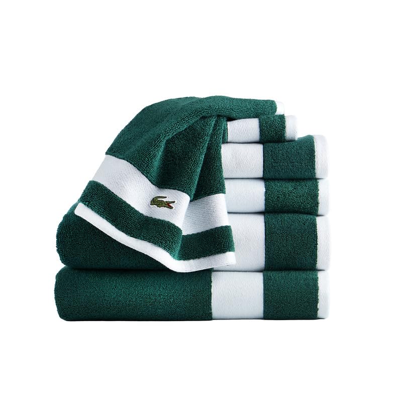 Lacoste Sport Stripe - Juego de 6 Toallas de Lujo de algodón, 2 Toallas de baño, 2 Toallas de Mano, 2 paños de baño, Color Verde cocodrilo