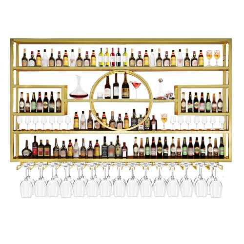Image of 63in Wine Rack Wall Mounted, Large Capacity Hanging Wine Bottles Display Shelf with Glasses Holder, 4 Tier Industrial Bar Liquor Storage Shelves for Home Bar Kitchen,Living Room (Gold, 63in /160cm)