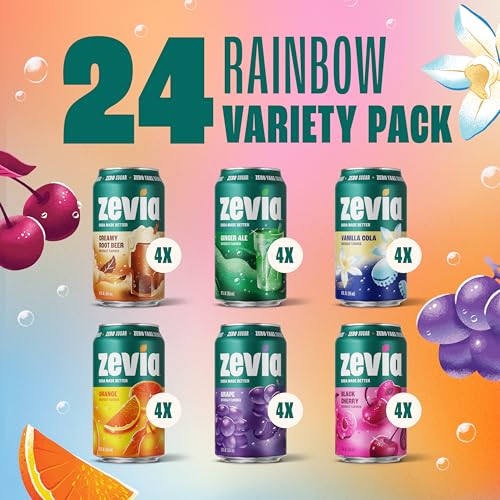 Image of Zevia Zero Sugar Soda, Rainbow Variety Pack, 12 oz Cans (24-Pack) - Naturally Sweetened, Non-GMO Project Verified, Gluten-Free, Vegan