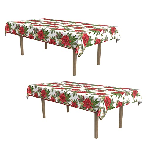 Image of Beistle Poinsettia Tablecovers, 54 inch x 108 inch, 2 Pieces - Plastic Table Cloth, Rectangular Tablecloth, Table Covers for Party, Holiday Party Supplies, Christmas Decorations