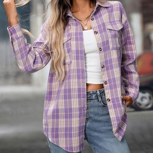 Flannel Shirt Women 2025 Fall Fashion Plaid Button Down Shirt Casual Snap Shackets Jacket Outfits2