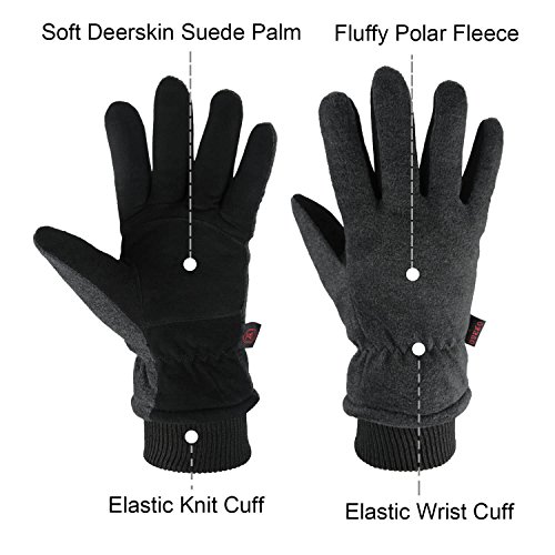 Ozero Work Gloves -30°F Coldproof Winter Ski Snow Glove - Deerskin Leather Palm & Polar Fleece Back With Insulated Lining- Windproof Water-Resistant Warm Hands In Cold Weather For Women Men - Gray(M) #TOP3