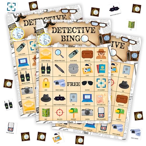 Detective Bingo Games For Adults, Agent Birthday Bingo Game Set, Detective Activity Bingo Card, Spy Bingo Favors For Family Friend Detective Lover, Mystery Detective Games Decor & Supplies -08