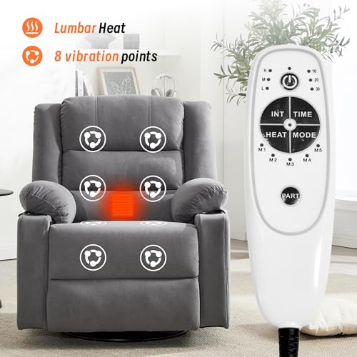 Image of Rocking Recliner Chair for Adults, 360 Swivel Rocker Recliner with Massage and Heating, Manual Glider Rocking Chair with Cup Holders for Living Room Bedroom Nursery (Grey)