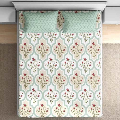 Image of Wakefit 100% Cotton 200 TC Flat Printed Bedsheet, Booke Queen Size (100x90 Inches) / (2.54m*2.29m) with 2 Pillow Covers Booke, Double