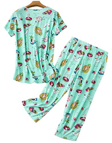 Image of CHUNG Women Cotton Pajama Sets Sleepwear pjs Short Sleeve Shirt Capri Length Crop Pants Cute Vivid Print