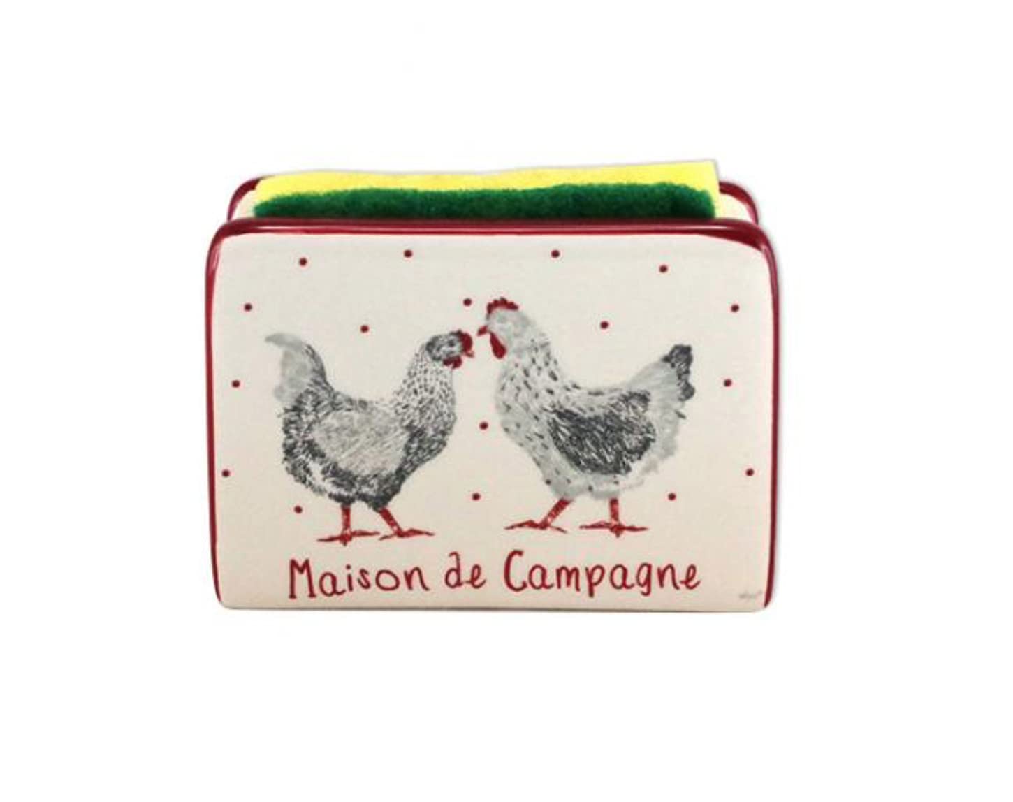 World-Accents White Ceramic Sponge Holder with Hen Design and Red Trim, Maison de Campagne