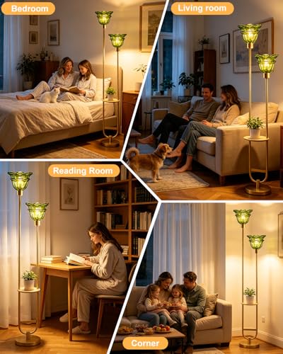 Image of Glass Floor Lamp with Shelf 2-Lights Gold Floor Lamp with Green Glass Shade, Mid Century Modern Standing Tall Lamps with Foot Switch for Living Room Bedroom Home Decor (Bulbs Included)