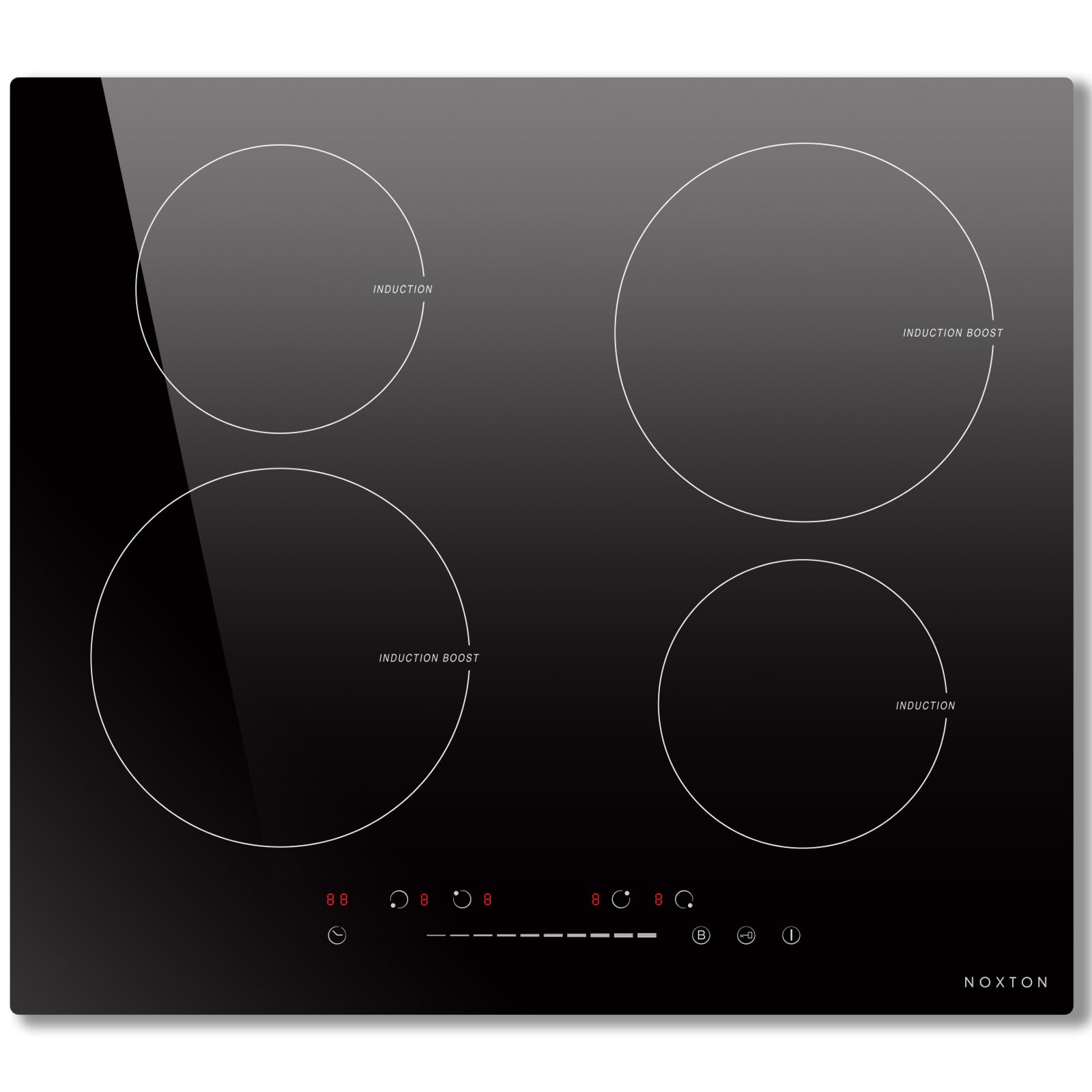 NOXTON Placa inducción 4 fuegos, 60 cm, Función boost, Protección infantil, Control táctil, Indicador de calor, Temporizador, 220 V ~ 240 V, 7000 W, Sin enchufe.