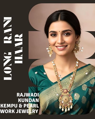 Image of Mansiyaorange South Indian Temple Style Long Pearl Rani Haar with Floral Necklace & Earrings | Traditional Gold Plated Kempu Kundan Stone Jewelry Set for Women