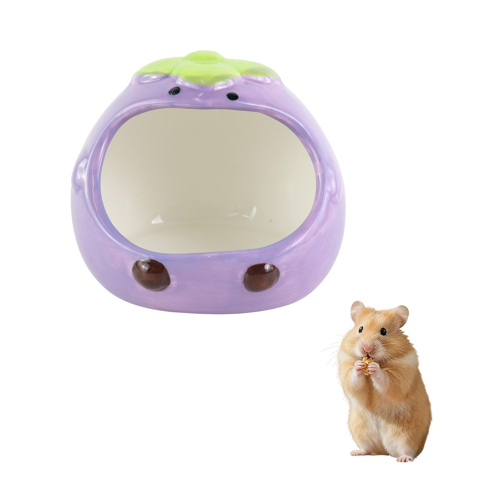 LuckyOpt Ceramic Hamster House, Adorable Eggplant-Shaped Guinea Pig House, 6.5×4CM Tilted Opening Summer Cooling Hamster Hideout for Dwarf Hamsters Gerbils Chinchillas (Purple)
