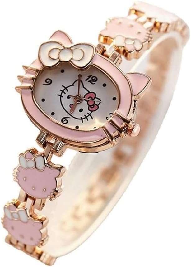 Hello Kitty Analog Watch for Girls Analog Watches for Kids Pink Quartz Kids Watch with Stainless Steel Bracelet 50m Waterproof Fashion Wristwatch for Girls Gift for Birthday