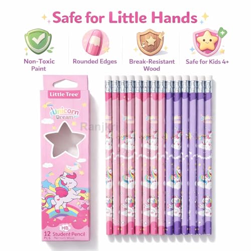 Image of Unicorn Dream HB Pencil Set for Kids (12 Pcs) | Cute Printed Wooden Student Pencils with Eraser | Dark Smooth Writing, Break Resistant Lead | School Stationery Gift Return Gifts for Girls Boys