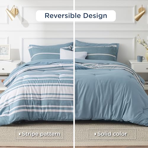 Image of Bedsure Twin Comforter Set 5 Pieces, Grey Blue Striped Bedding Set for All Seasons, Reversible, Cationic Dyeing Bed in a Bag with Comforter, Sheets, Pillowcase & Sham