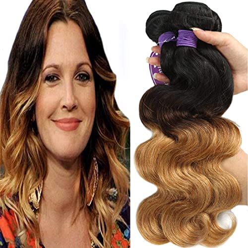 ANGIE QUEEN Soft Human Hair 3 Bundles Ombre 1B/4/27 Color Brazilian Virgin Body Wave Hair Extensions Bundles 100% Unprocessed Brazilian Hair (20 22 24)