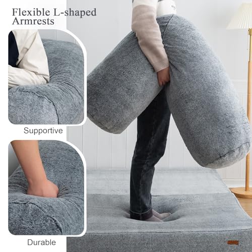 COMAX 4-in-1 Futon Sofa Bed, Queen Size Foldable Couch with L-Shaped Armrests, Convertible Sleeper Chair Bed, Comfortable Lounge Mattress for Living Room and Bedroom, Snow Grey