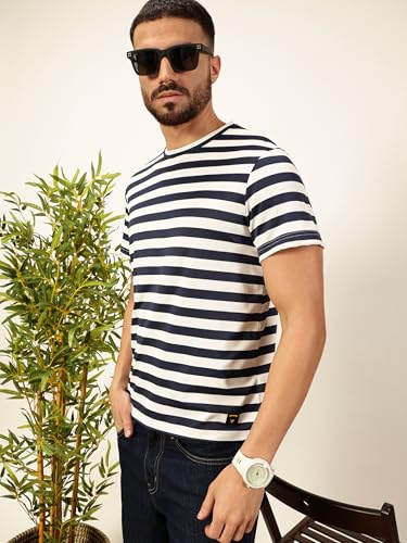 Image of Thomas Scott Men's | Striped | Half Sleeve | Regular Fit | Poly Elastane | Round Neck | Casual Tshirt