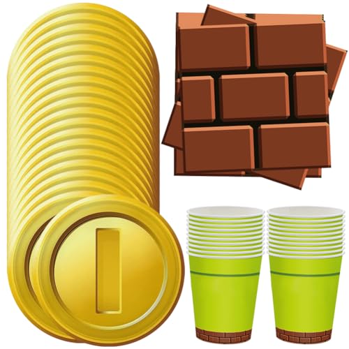 HGSHUO Jeux Vaisselle Anniversaire Décorations pour Mario Vaisselle de Fête D'Anniversaire Assiettes Gobelets Serviettes Pièces d'or Vaisselle Décorations...