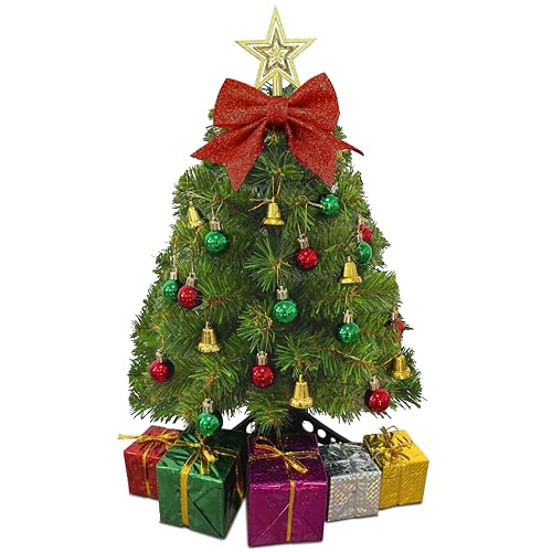 stargo Piccolo Albero di Natale - Mini Albero di Natale da Tavolo da 60 cm con Ornamenti Appesi, Fiocco Decorativo e Scatole Regalo - Albero da Tavolo per Decorazioni Natalizie Fai da Te