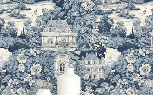 Image of Wallpaper Peel and Stick Vintage Flowers Pattern Design Textured Toile Wallpaper, French Country Estate Garden Scene, Blue and Cream, Floral Botanical with Manor Houses Decor16.5&87 inch