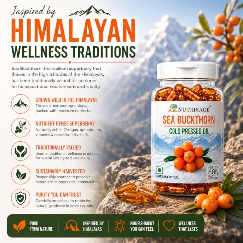 Image of Sea Buckthorn Oil Capsules 1200mg Daily Serving | Cold Pressed Himalayan Omega 7 Formula | Supports Skin Hydration, Glow, Hair & Whole Body Wellness | Omega 3 6 7 9 | 60 Capsules