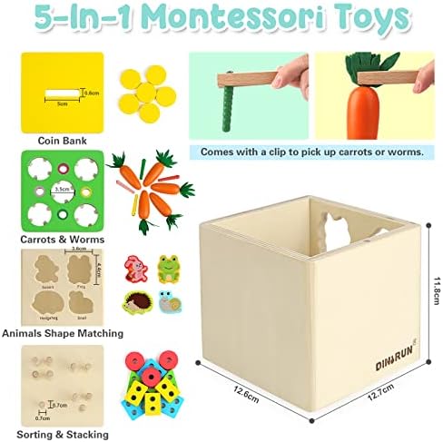 DINORUN Montessori Toys Wooden Toys, Sorting Toys for 1 2 3 Years Old, Shape Sorter Multifunctional Wooden Box Educational Toys for 12 18 Months Boys and Girls
