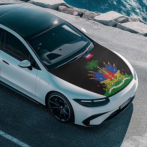Image of Renewold Flag of Haiti Pattern Car Hood Cover for Automobile Vehicle Hood Protector Party Festival Celebration Decor Outdoor Wrap Blanket Exterior Car Accessories Gift for Women Men