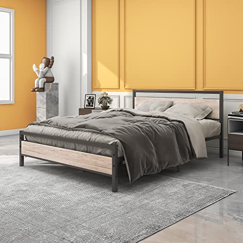 Image of BOFENG Queen Bed Frames with Wood Headboard,Heavy Duty Platform Bed Frame No Box Spring Needed,Farmhouse Bed Steel Slat Mattress Foundation Sturdy Square Pipe Design Home Furniture