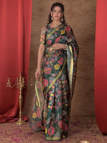 Image of Satrani Women's Kota Chex Printed Saree with Unstitched Blouse Piece