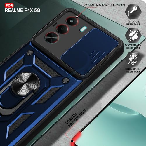 Image of AESTMO Tough Armor Realme P4X 5G Bumper Back Case Cover | Ring Holder & Sliding Camera Shield Cover | 360 Degree Protection Back Case Cover for Realme P4X 5G (Blue)